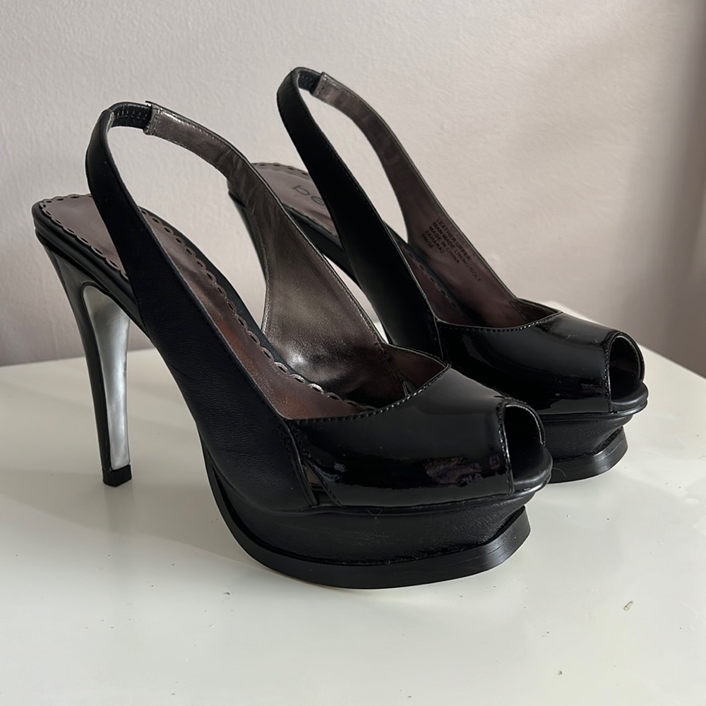 Bebe Zahara Black Platform Slingback Heels, Size 6